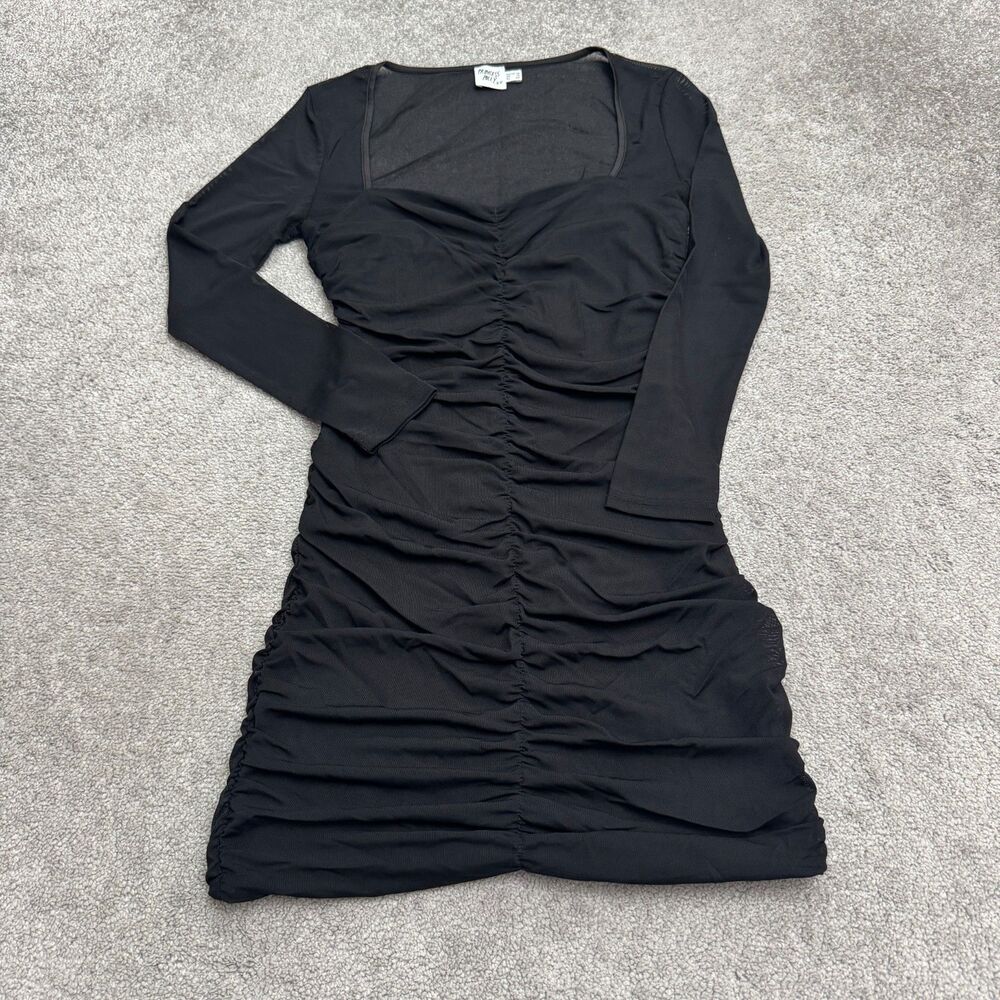 Princess Polly Ruched Mini Bodycon Dress Womens 10 Black Long Sleeve Sweetheart